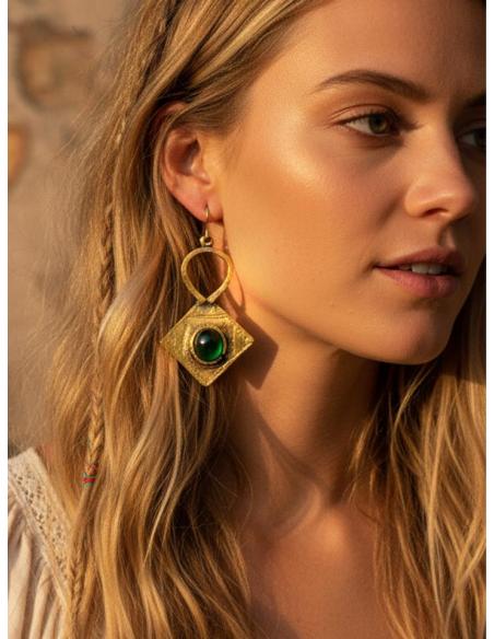 PENDIENTES TUAREG LARGOS DORADOS Y VERDES | MODA BOHO CHIC