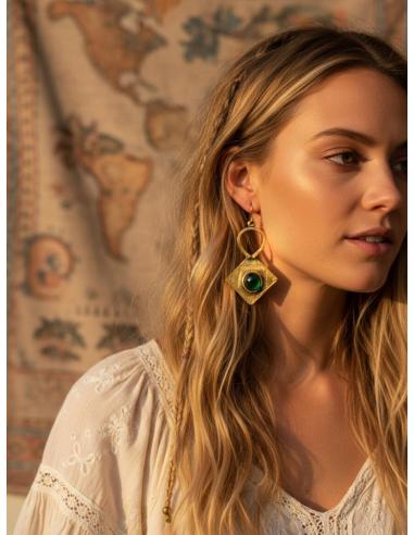 PENDIENTES TUAREG LARGOS DORADOS Y VERDES | MODA BOHO CHIC
