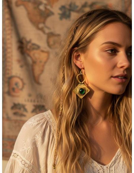 PENDIENTES TUAREG LARGOS DORADOS Y VERDES | MODA BOHO CHIC