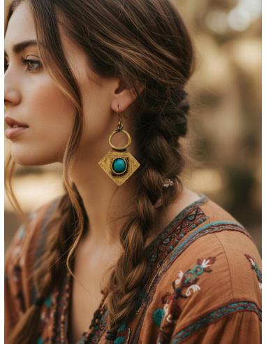 PENDIENTES TUAREG LARGOS DORADOS Y AZULES | MODA BOHO CHIC