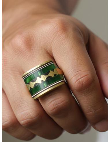 ANILLOS DORADOS HOMBRE SELLO CUADRADO CON VERDE | JOYAS TUAREG