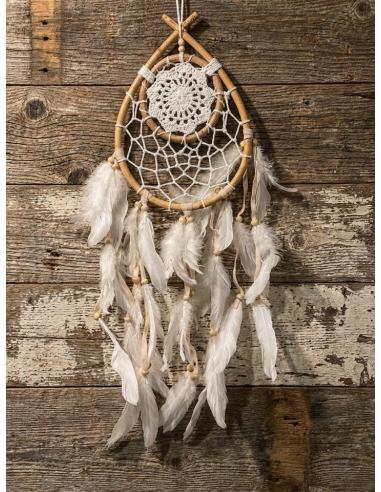ATRAPASUEÑOS BLANCO DE CROCHET Y CAÑAMO CON PLUMAS | BOHO