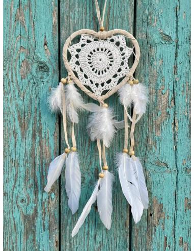 ATRAPASUEÑOS CROCHET CORAZON BLANCO Y BEIGE | DECORACION BOHO