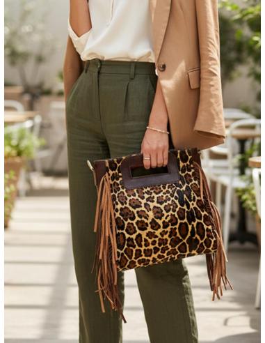 BOLSOS PIEL MARRONES ANIMAL PRINT CON FLECOS | BOHO CHIC TRIBAL
