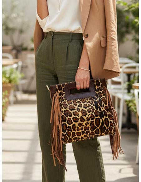 BOLSOS PIEL MARRONES ANIMAL PRINT CON FLECOS | BOHO CHIC TRIBAL
