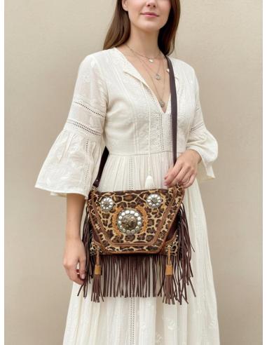 BOLSOS MARRONES DE CUERO CON ANIMAL PRINT Y FLECOS | MODA MUJER