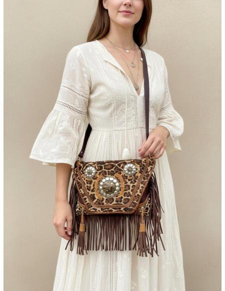 BOLSOS MARRONES DE CUERO CON ANIMAL PRINT Y FLECOS | MODA MUJER