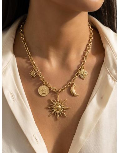 COLLARES DORADOS CON DIJES DE SOL LUNA Y MONEDA | CORAZON MILAGRITO