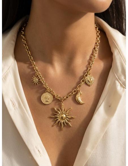 COLLARES DORADOS CON DIJES DE SOL LUNA Y MONEDA | CORAZON MILAGRITO