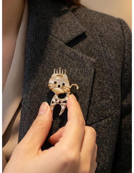 BROCHES MUJER DORADOS CON GATITO CON CORONA | ACCESORIOS MODA