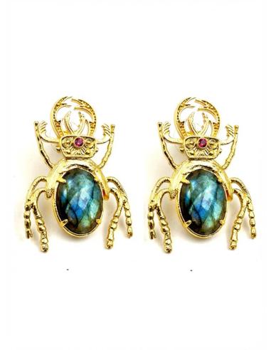 PENDIENTES ESCARABAJOS DORADOS Y PIEDRA VERDE LABRADORITA | MODA