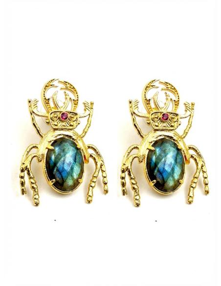 PENDIENTES ESCARABAJOS DORADOS Y PIEDRA VERDE LABRADORITA | MODA