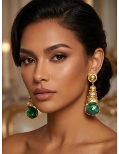 PENDIENTES LARGOS DORADOS Y VERDES CON CARACOLA | PIEDRA Y BAÑO ORO 2