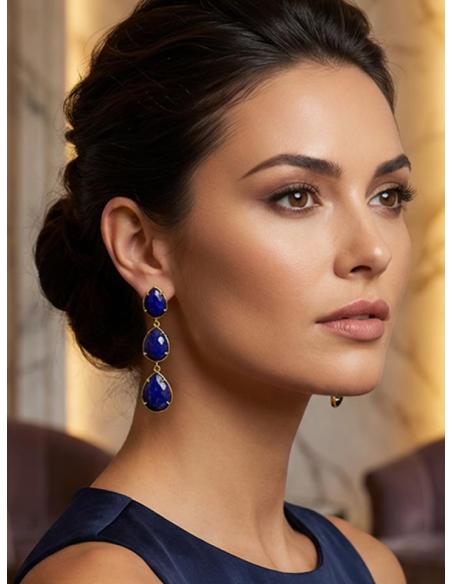 PENDIENTES LARGOS TRES LAGRIMAS | PENDIENTES COLGANTES DE FIESTA Y PIEDRAS NATURALES, LAPISLAZULI