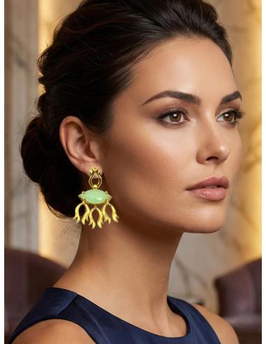 PENDIENTES ORIGINALES Y ALTA CALIDAD PARA BODAS | PENDIENTE PULP CON PIEDRA NATURAL VERDE AGUA Y MONTURA EN BAÑO DE ORO, JOYAS C