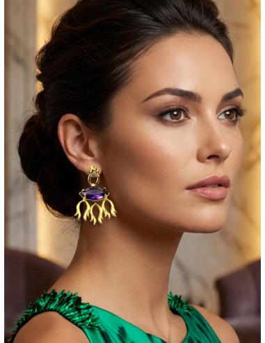 PENDIENTES MORADOS DE AMATISTA PARA BODAS | PENDIENTE PULP CON PIEDRA SEMIPRECIOSA AMATISTA Y MONTURA EN BAÑO DE ORO, JOYAS CON 