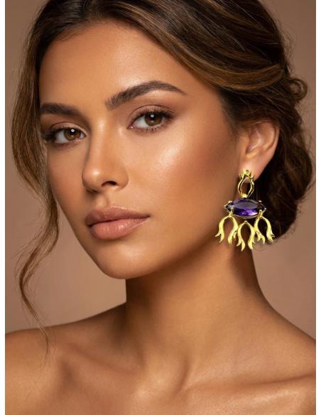 PENDIENTES MORADOS DE AMATISTA PARA BODAS | PENDIENTE PULP CON PIEDRA SEMIPRECIOSA AMATISTA Y MONTURA EN BAÑO DE ORO, JOYAS CON 