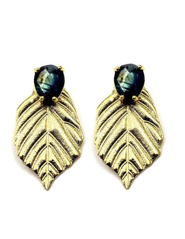 PENDIENTES BODA HOJA DORADA CON PIEDRA VERDE OLIVA | INVITADA Y MADRINA