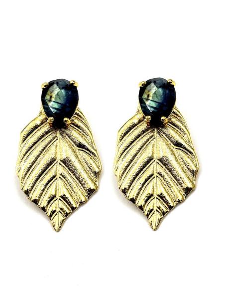 PENDIENTES BODA HOJA DORADA CON PIEDRA VERDE OLIVA | INVITADA Y MADRINA
