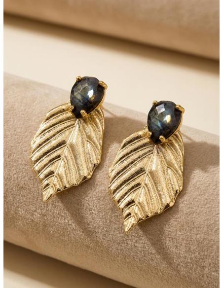 PENDIENTES BODA HOJA DORADA CON PIEDRA VERDE OLIVA | INVITADA Y MADRINA