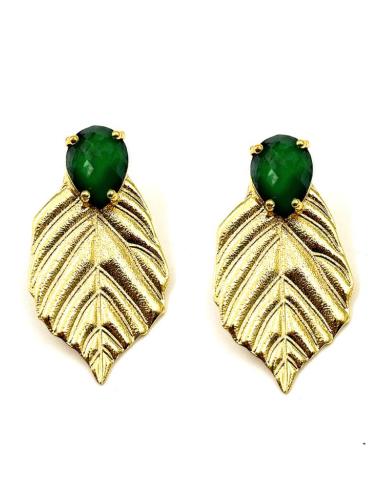 PENDIENTES BODA HOJA DORADA Y PIEDRA VERDE OSCURO | INVITADA Y MADRINA