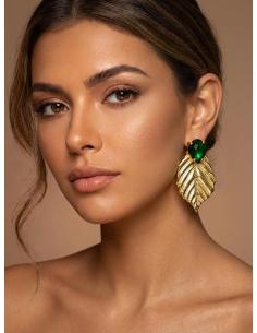 PENDIENTES BODA HOJA DORADA Y PIEDRA VERDE OSCURO | INVITADA Y MADRINA 2