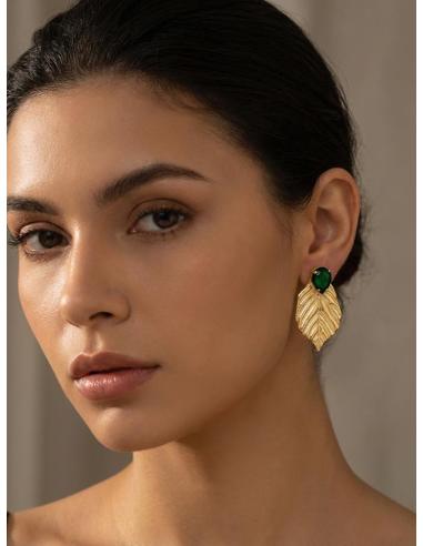 PENDIENTES BODA HOJA DORADA Y PIEDRA VERDE OSCURO | INVITADA Y MADRINA