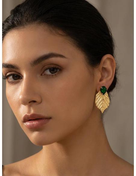 PENDIENTES BODA HOJA DORADA Y PIEDRA VERDE OSCURO | INVITADA Y MADRINA