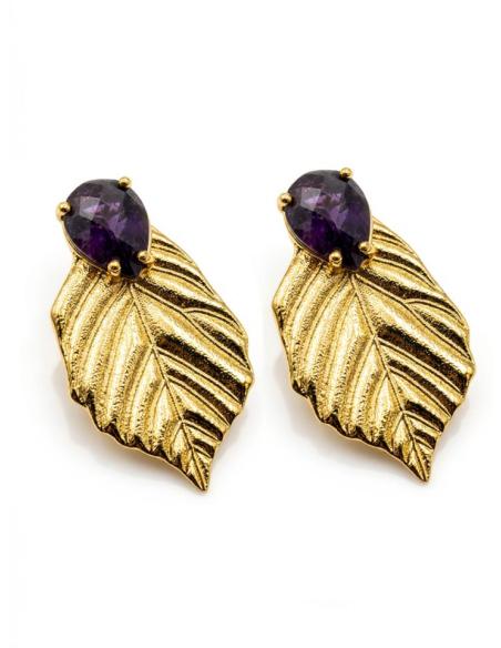 PENDIENTES BODA HOJA DORADA Y PIEDRA MORADA | INVITADA Y MADRINA