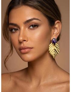 PENDIENTES BODA HOJA DORADA Y PIEDRA MORADA | INVITADA Y MADRINA 2