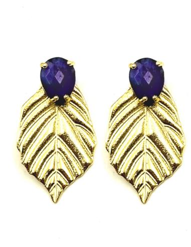 PENDIENTES BODA HOJA DORADA Y PIEDRA AZUL MARINO | INVITADA Y MADRINA