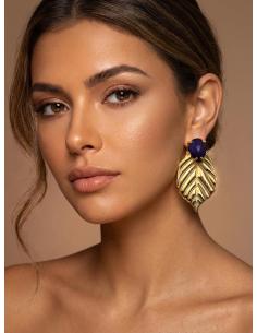 PENDIENTES BODA HOJA DORADA Y PIEDRA AZUL MARINO | INVITADA Y MADRINA 2