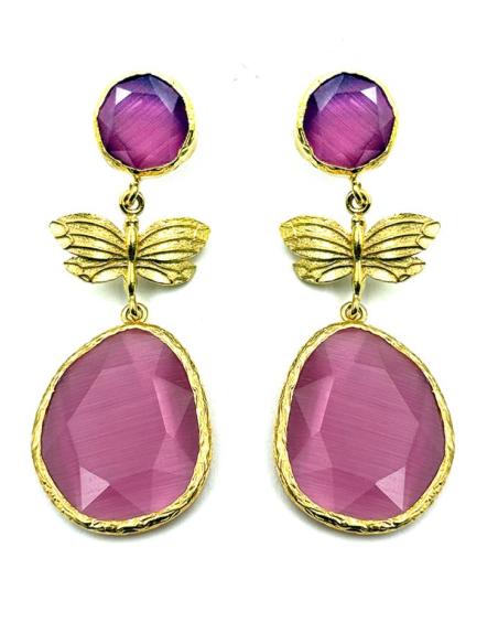 PENDIENTES DE PIEDRA ROSAS CON MARIPOSA DORADA | INVITADAS BODAS