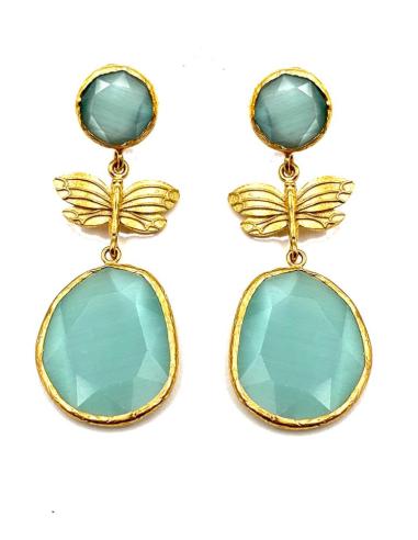PENDIENTES DE PIEDRA VERDE AGUA Y MARIPOSA DORADA | INVITADAS BODAS