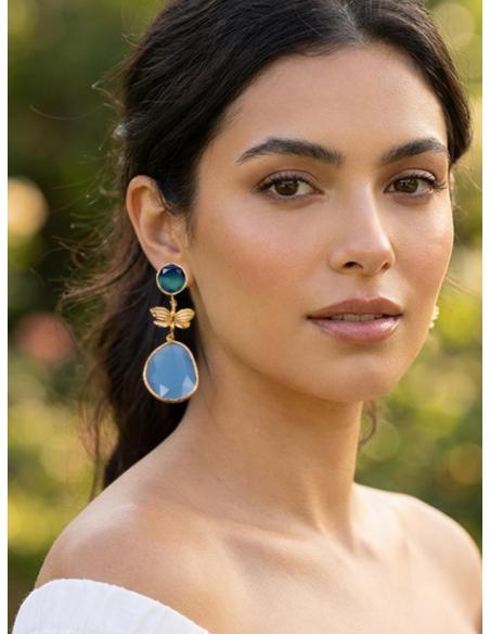 PENDIENTES PIEDRA AZUL TURQUESA Y MARIPOSA DORADA | INVITADAS BODAS