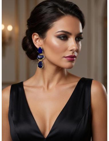 PENDIENTES DE INVITADA BODA AZULES TRIO DE PIEDRAS | JOYAS MUJER