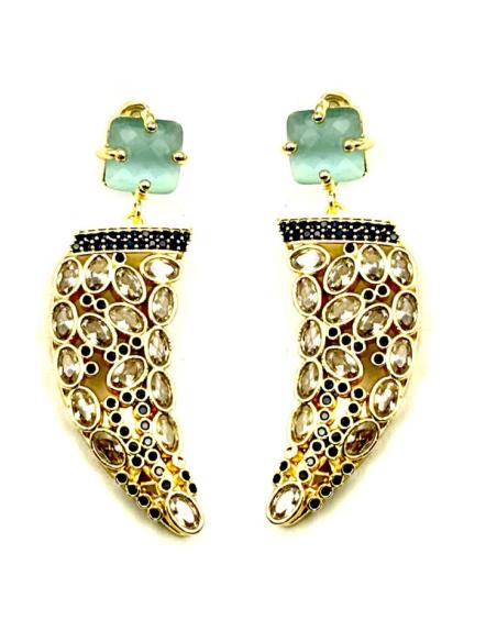 PENDIENTES DE COLMILLO CON PEDRERIA VERDE AGUA | JOYA DISEÑO