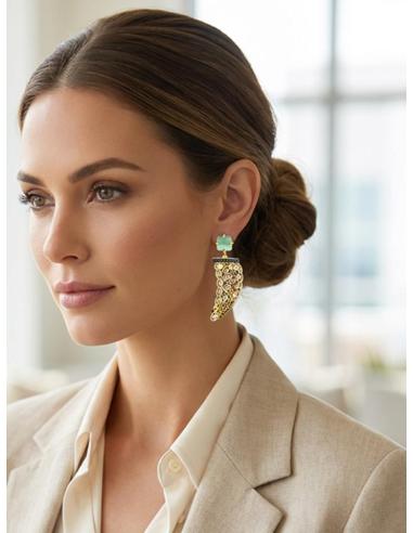 PENDIENTES DE COLMILLO CON PEDRERIA VERDE AGUA | JOYA DISEÑO