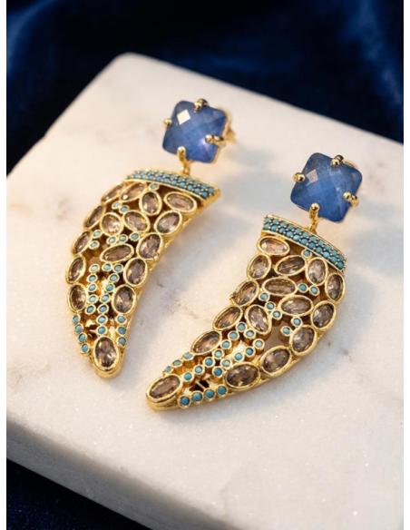 PENDIENTES COLMILLO DE PEDRERIA DORADOS Y AZULES | JOYA DISEÑO