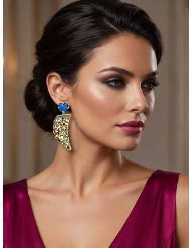 PENDIENTES COLMILLO DE PEDRERIA DORADOS Y AZULES | JOYA DISEÑO