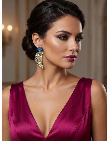 PENDIENTES COLMILLO DE PEDRERIA DORADOS Y AZULES | JOYA DISEÑO