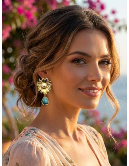 PENDIENTES BODA DE PERLAS Y GOTA PIEDRA VERDE AGUA | INVITADA Y MADRINA