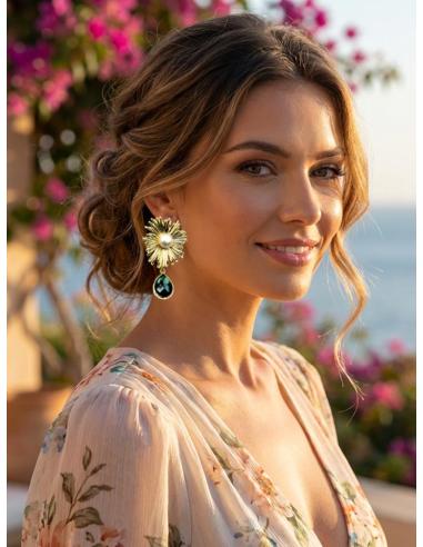 PENDIENTES BODA PERLA Y GOTA PIEDRA VERDE OLIVA | INVITADA Y MADRINA