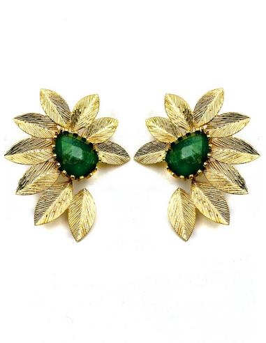 PENDIENTES CORTOS FLOR DORADA Y PIEDRA VERDE OLIVA | INVITADA Y MADRINA