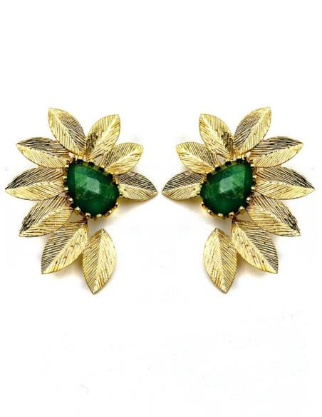 PENDIENTES CORTOS FLOR DORADA Y PIEDRA VERDE OLIVA | INVITADA Y MADRINA