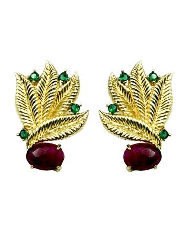 PENDIENTES BODA HOJAS DORADAS Y PIEDRA FUCSIA | INVITADA Y MADRINA