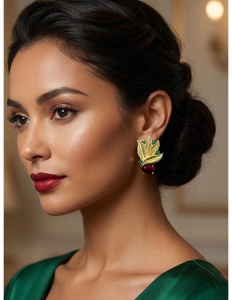 PENDIENTES BODA HOJAS DORADAS Y PIEDRA FUCSIA | INVITADA Y MADRINA