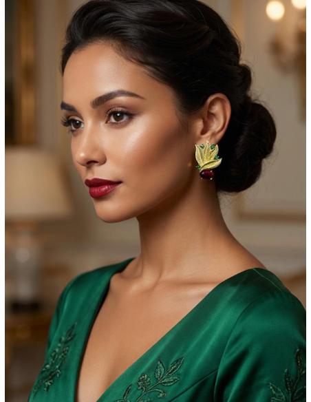 PENDIENTES BODA HOJAS DORADAS Y PIEDRA FUCSIA | INVITADA Y MADRINA