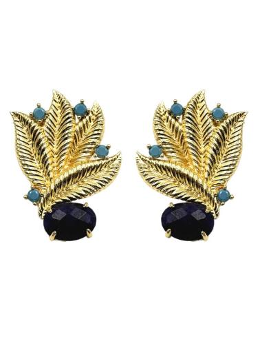 PENDIENTES BODA HOJAS DORADAS Y PIEDRA AZUL MARINO | INVITADA Y MADRINA