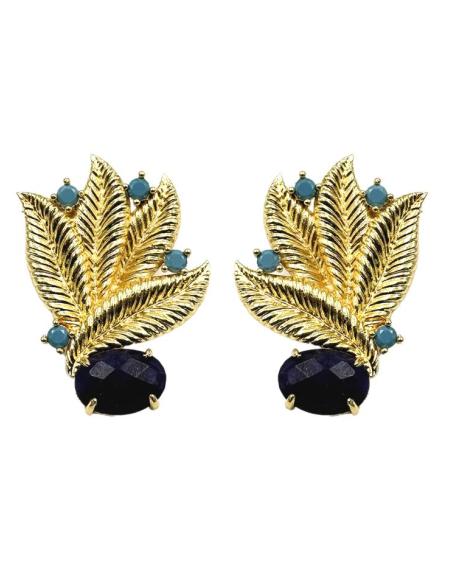 PENDIENTES BODA HOJAS DORADAS Y PIEDRA AZUL MARINO | INVITADA Y MADRINA